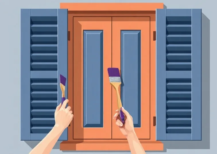 Mise en peinture au pinceau de volets et d'encadrements en bois