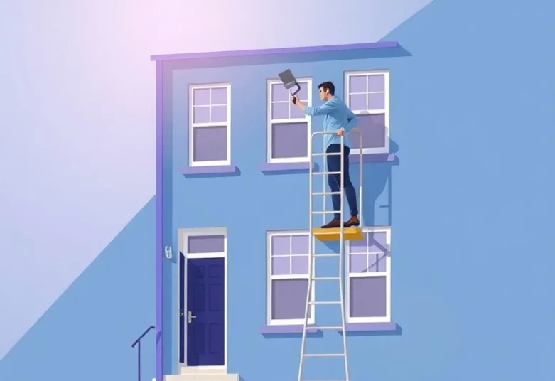 Peintre sur échafaudage traitant la façade d'une maison